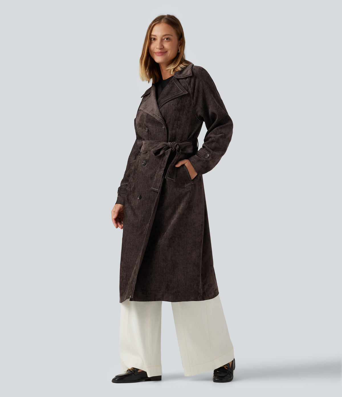 Long Sleeve Belted Longline Work Jacket with Pockets — Seal Brown — view 3