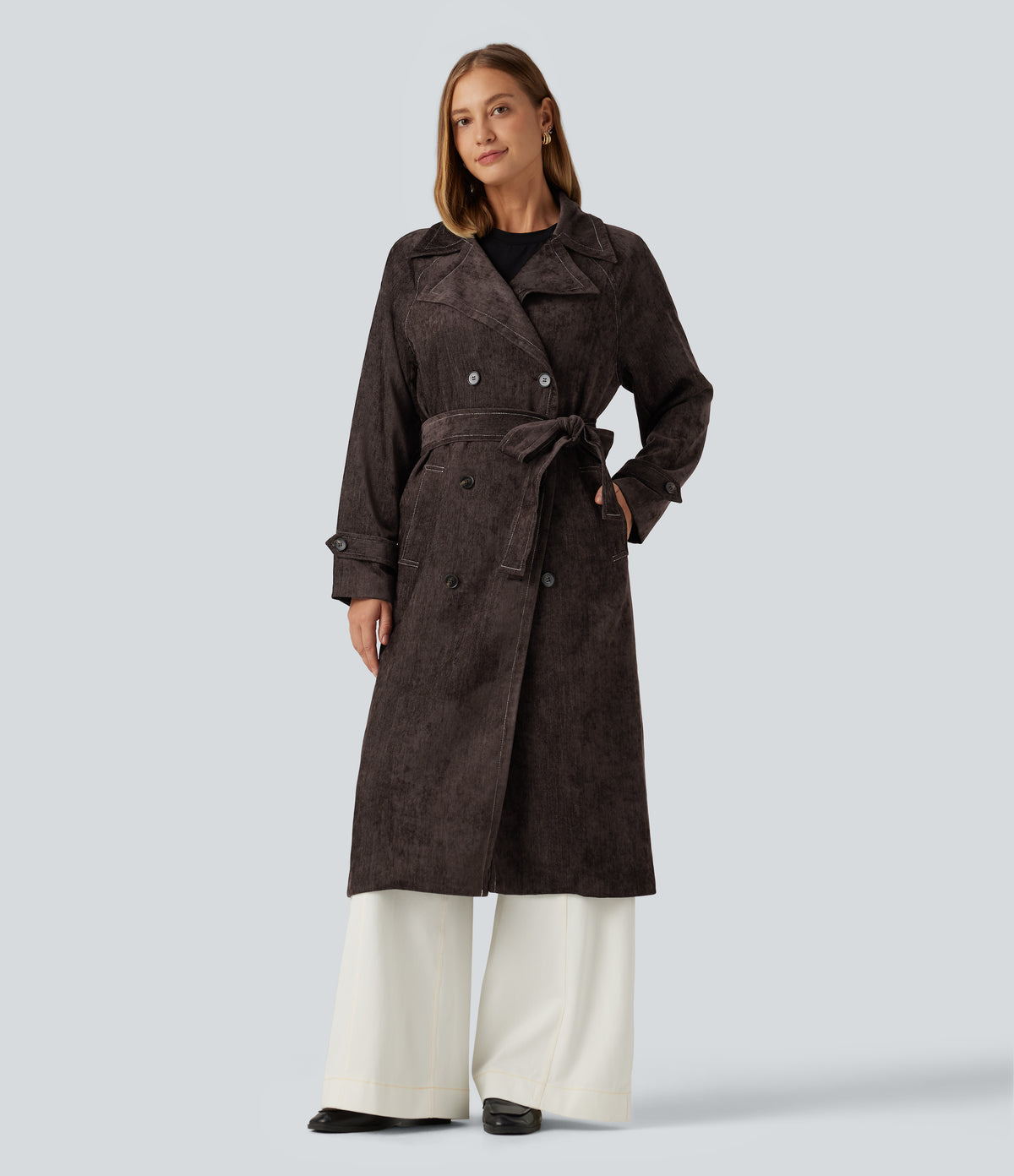 Long Sleeve Belted Longline Work Jacket with Pockets — Seal Brown — view 1