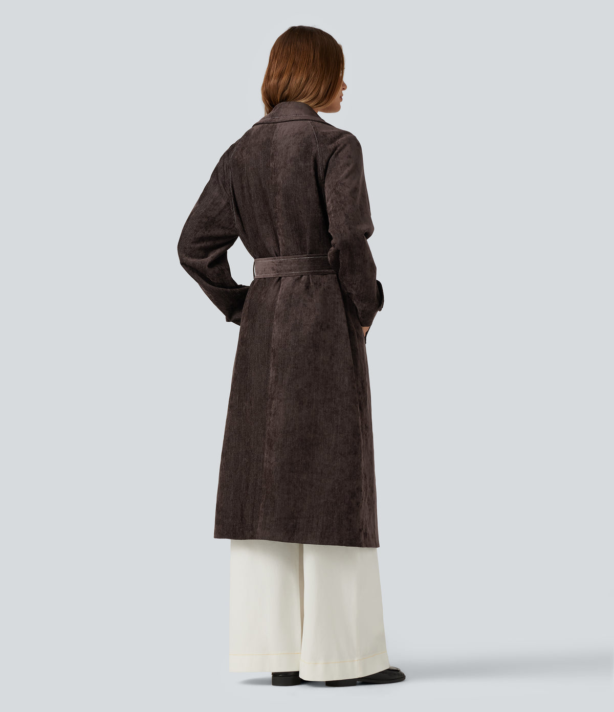 Long Sleeve Belted Longline Work Jacket with Pockets — Seal Brown — view 2
