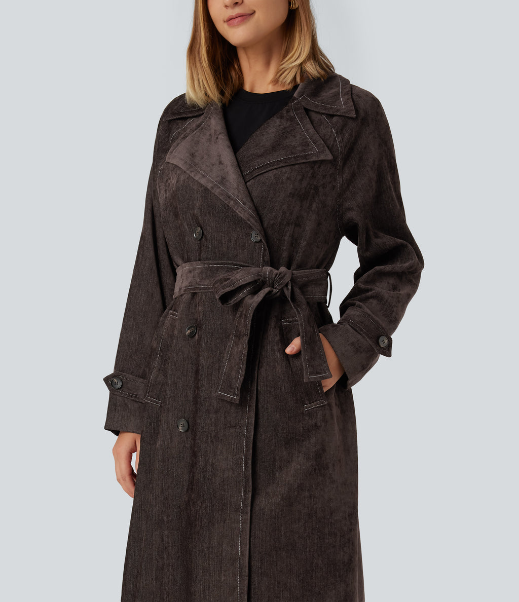 Long Sleeve Belted Longline Work Jacket with Pockets — Seal Brown — view 4