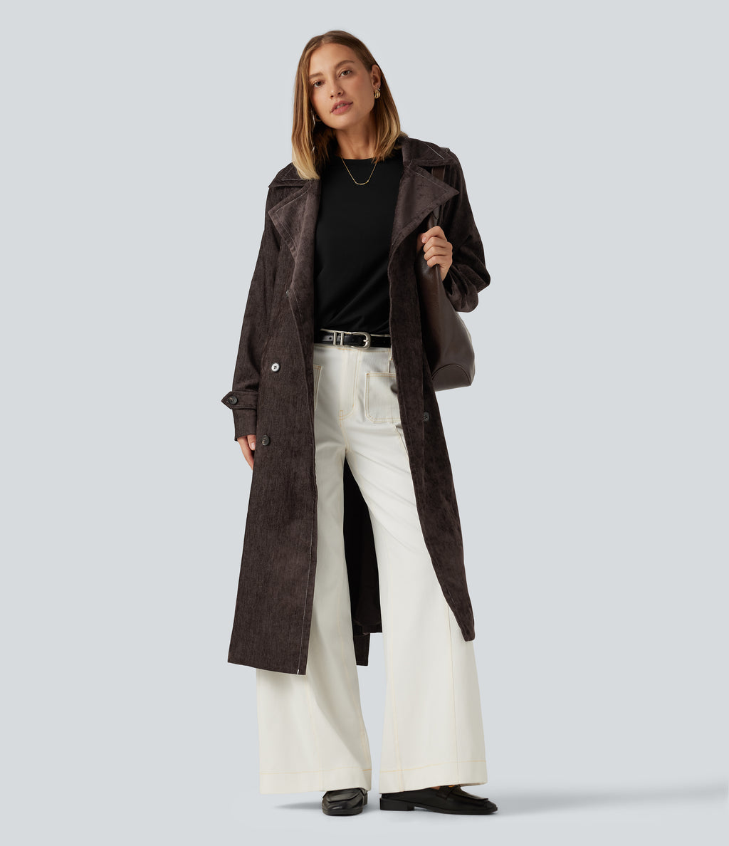Long Sleeve Belted Longline Work Jacket with Pockets — Seal Brown — view 5