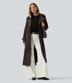 Long Sleeve Belted Longline Work Jacket with Pockets — Seal Brown — view 5