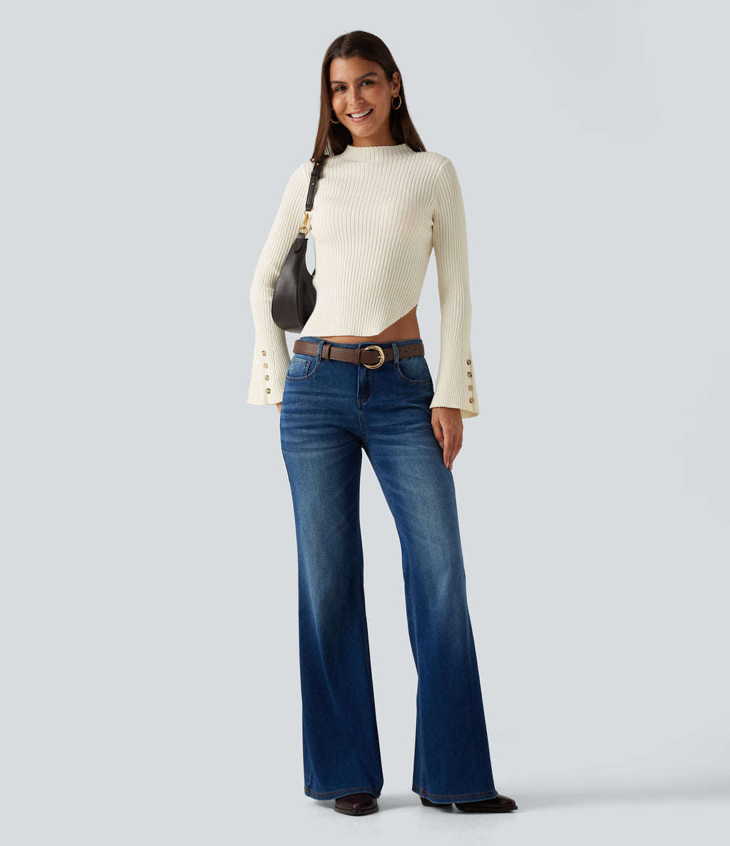 Ribbed Knit Stand Collar Flounce Sleeves Asymmetric Hem Slim Work Jumper — Snow White Oak — view 7