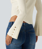 Ribbed Knit Stand Collar Flounce Sleeves Asymmetric Hem Slim Work Jumper — Snow White Oak — view 6