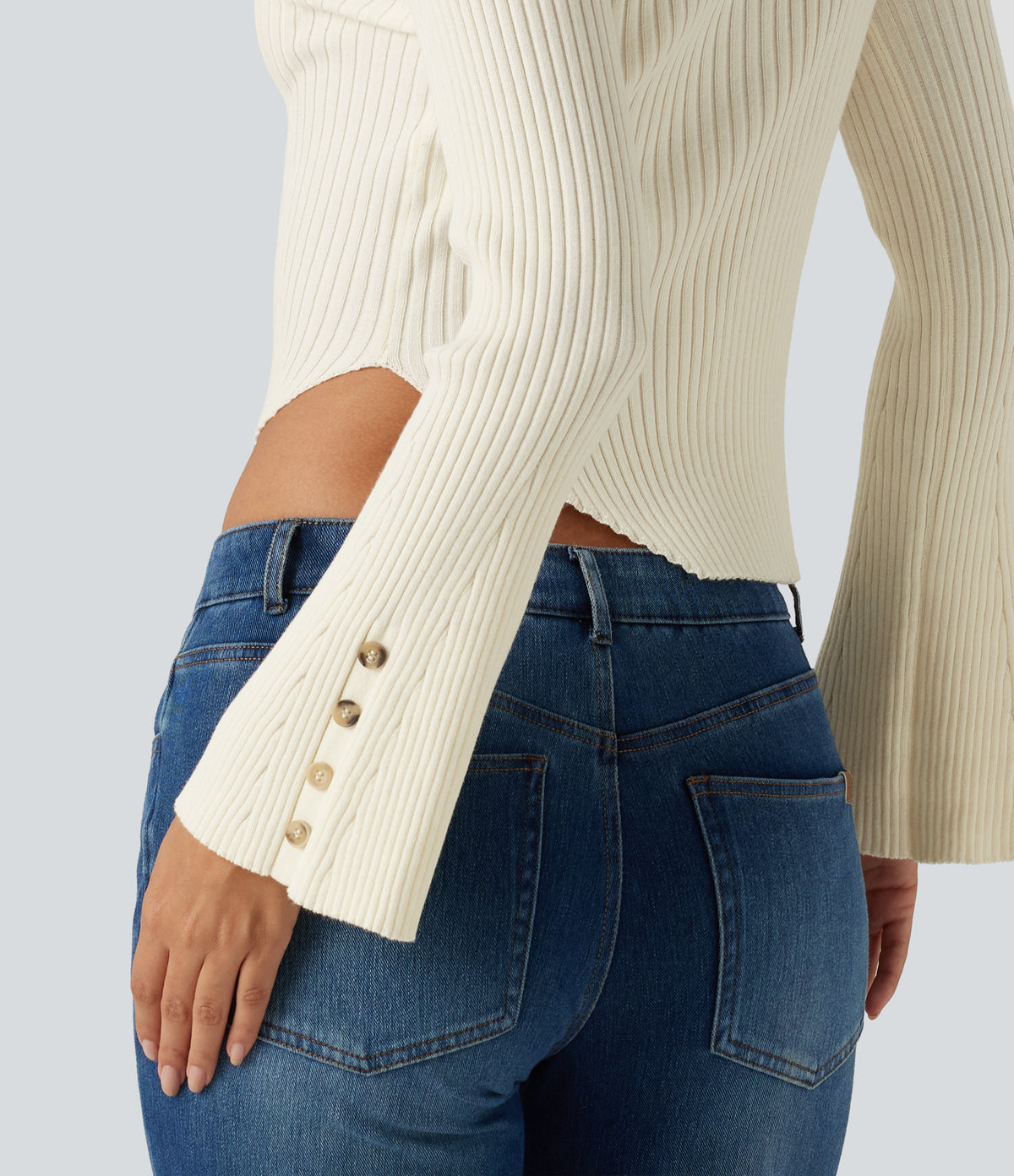 Ribbed Knit Stand Collar Flounce Sleeves Asymmetric Hem Slim Work Jumper — Snow White Oak — view 6
