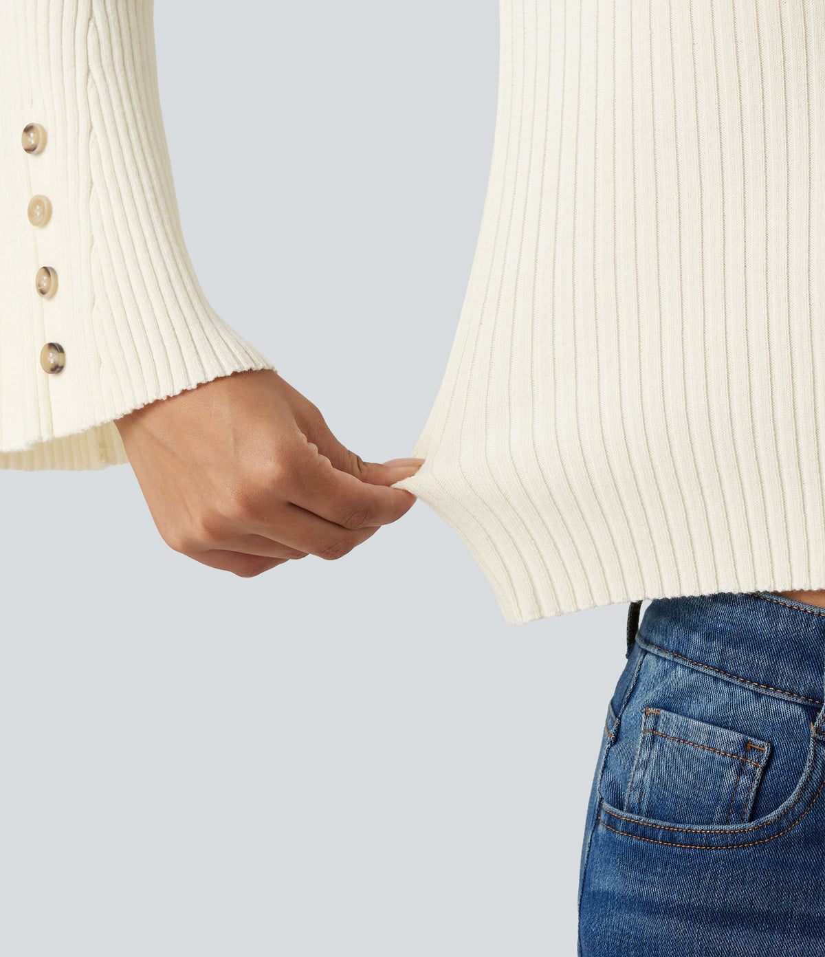 Ribbed Knit Stand Collar Flounce Sleeves Asymmetric Hem Slim Work Jumper — Snow White Oak — view 5