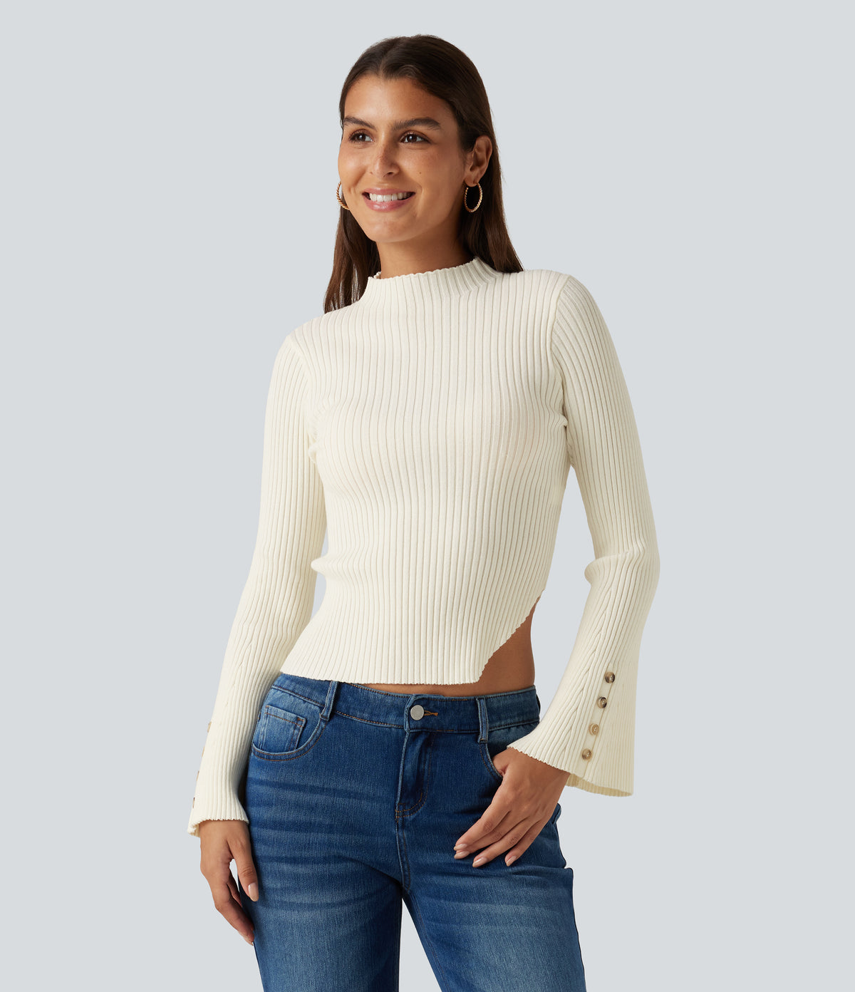Ribbed Knit Stand Collar Flounce Sleeves Asymmetric Hem Slim Work Jumper — Snow White Oak — view 1