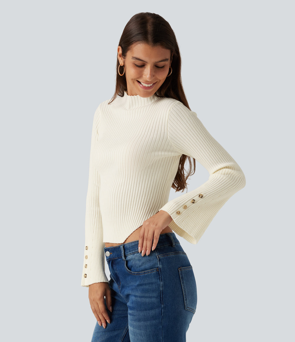 Ribbed Knit Stand Collar Flounce Sleeves Asymmetric Hem Slim Work Jumper — Snow White Oak — view 3