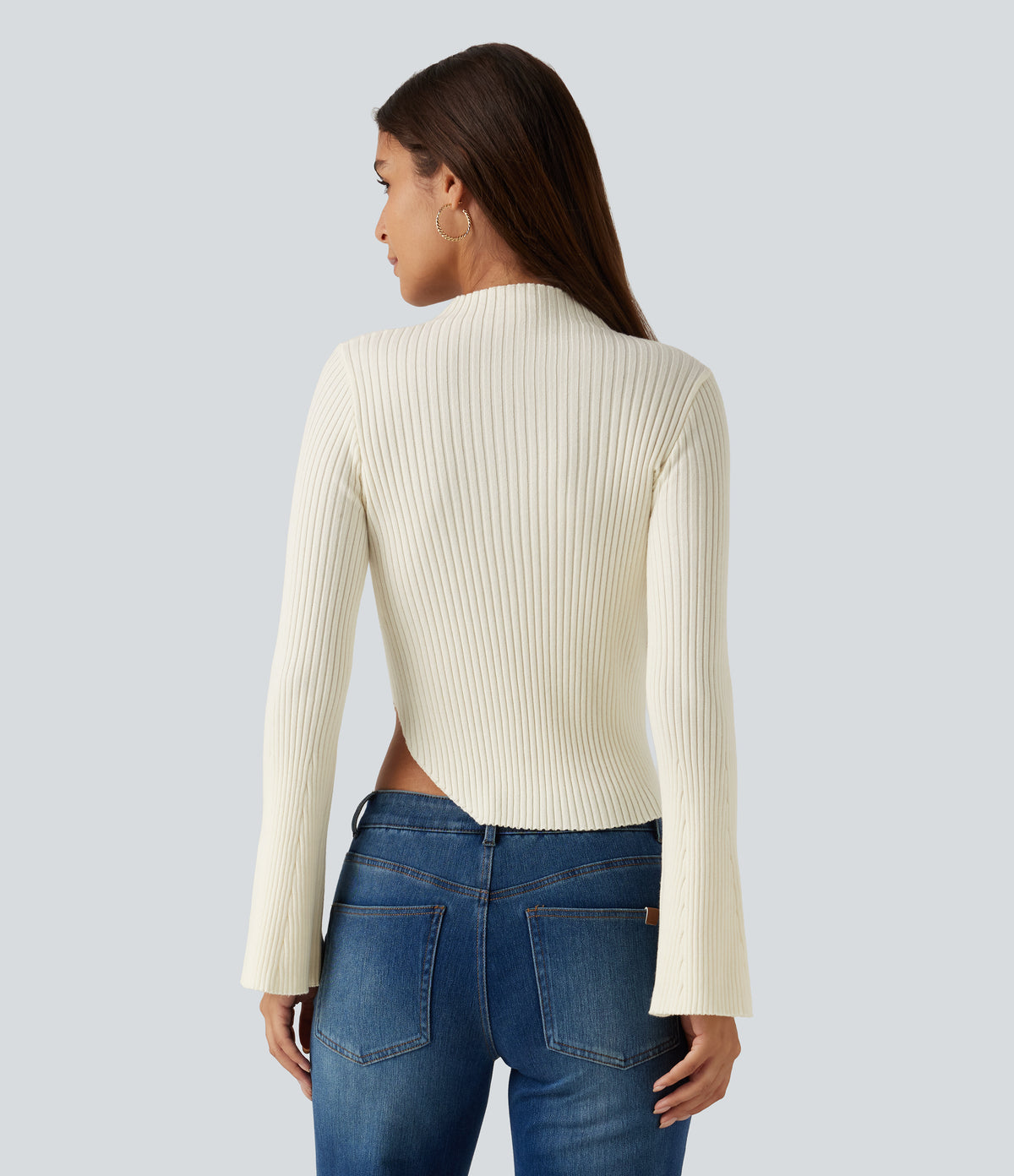 Ribbed Knit Stand Collar Flounce Sleeves Asymmetric Hem Slim Work Jumper — Snow White Oak — view 2