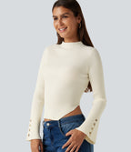 Ribbed Knit Stand Collar Flounce Sleeves Asymmetric Hem Slim Work Jumper — Snow White Oak — view 4