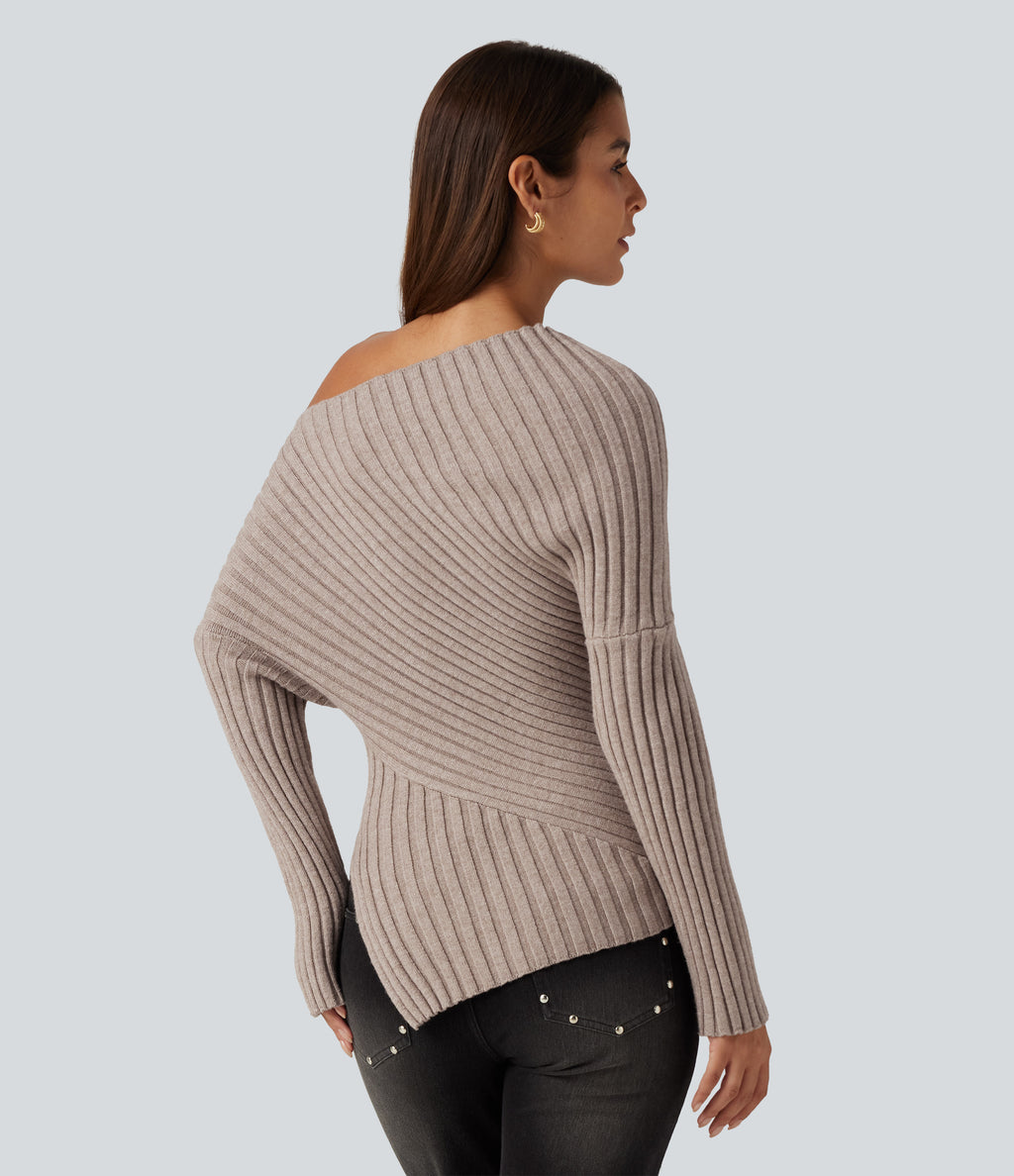 Ribbed Knit One Shoulder Long Sleeve Asymmetric Hem Casual Jumper — Doeskin — view 2