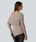 Ribbed Knit One Shoulder Long Sleeve Asymmetric Hem Casual Jumper — Doeskin — view 2