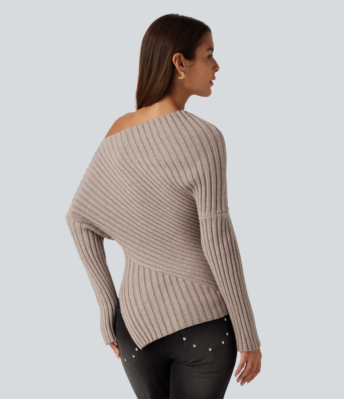Ribbed Knit One Shoulder Long Sleeve Asymmetric Hem Casual Jumper — Doeskin — view 2