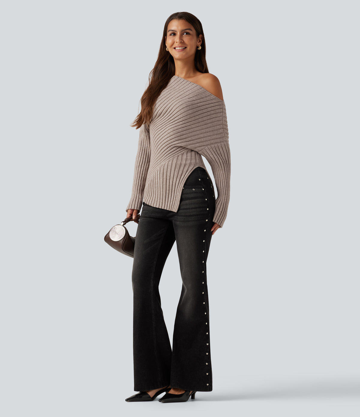 Ribbed Knit One Shoulder Long Sleeve Asymmetric Hem Casual Jumper — Doeskin — view 6