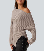 Ribbed Knit One Shoulder Long Sleeve Asymmetric Hem Casual Jumper — Doeskin — view 5