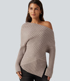 Ribbed Knit One Shoulder Long Sleeve Asymmetric Hem Casual Jumper — Doeskin — view 4