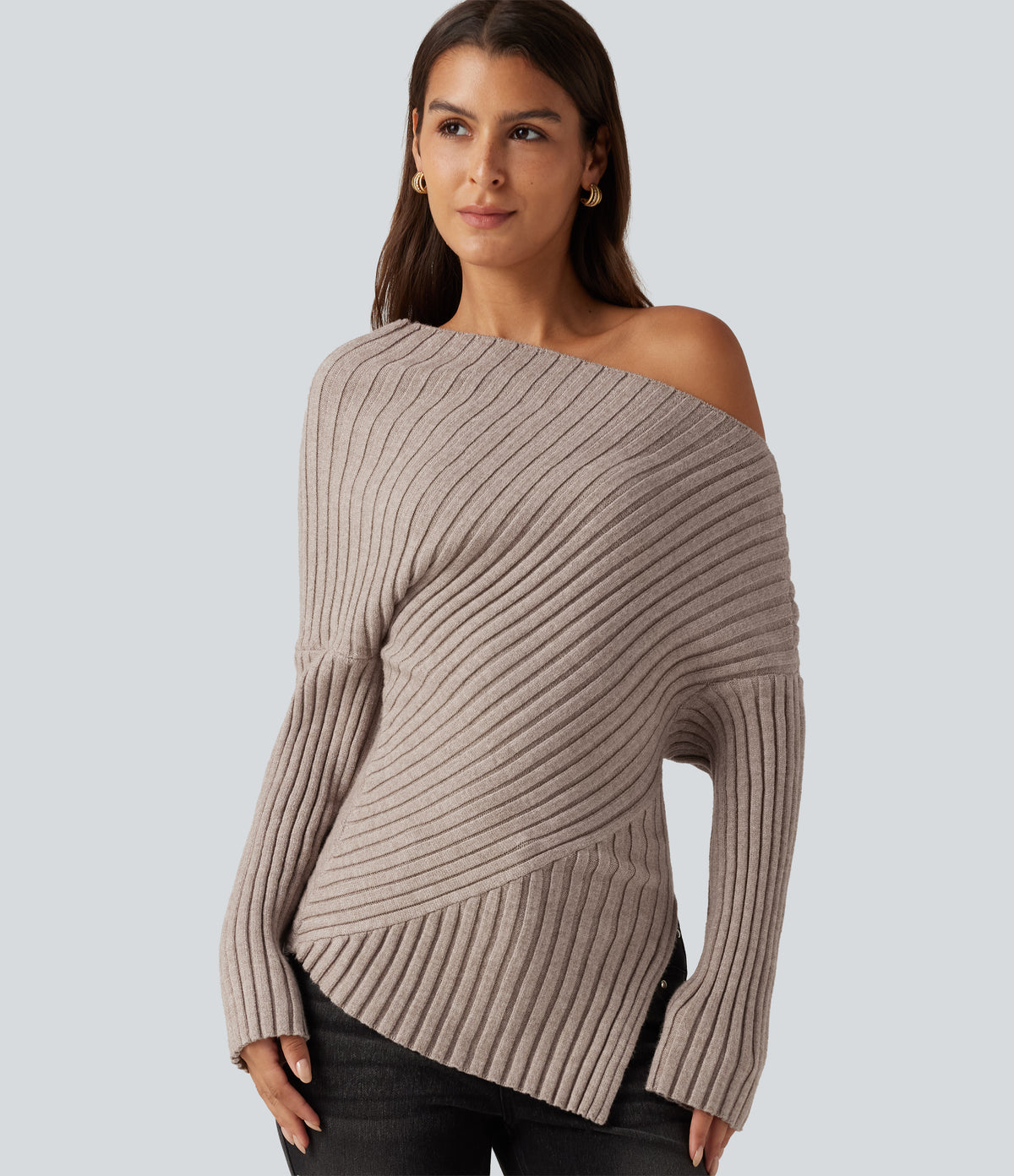 Ribbed Knit One Shoulder Long Sleeve Asymmetric Hem Casual Jumper — Doeskin — view 4
