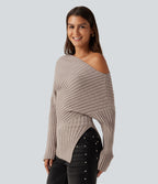 Ribbed Knit One Shoulder Long Sleeve Asymmetric Hem Casual Jumper — Doeskin — view 3