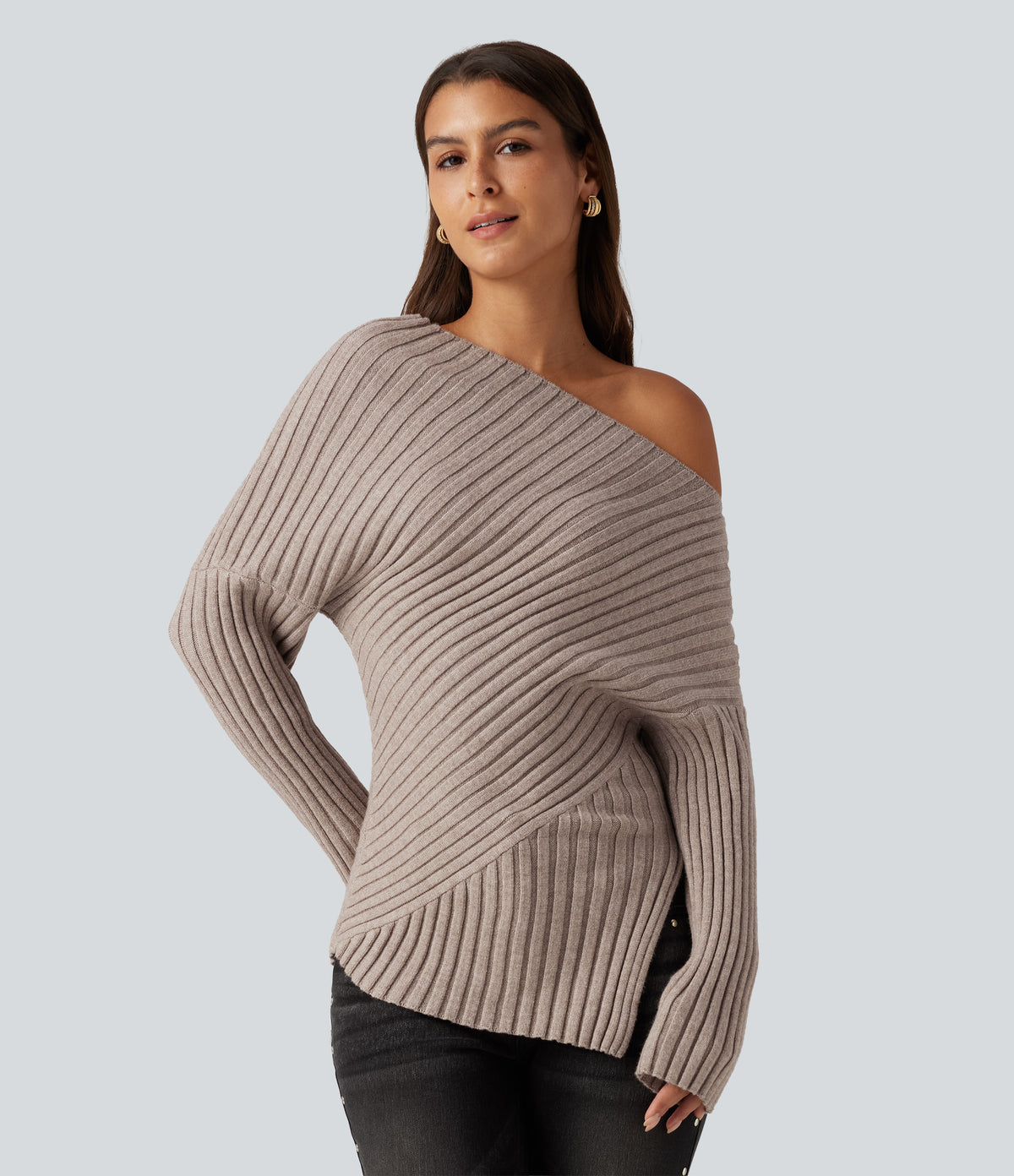 Ribbed Knit One Shoulder Long Sleeve Asymmetric Hem Casual Jumper — Doeskin — view 1