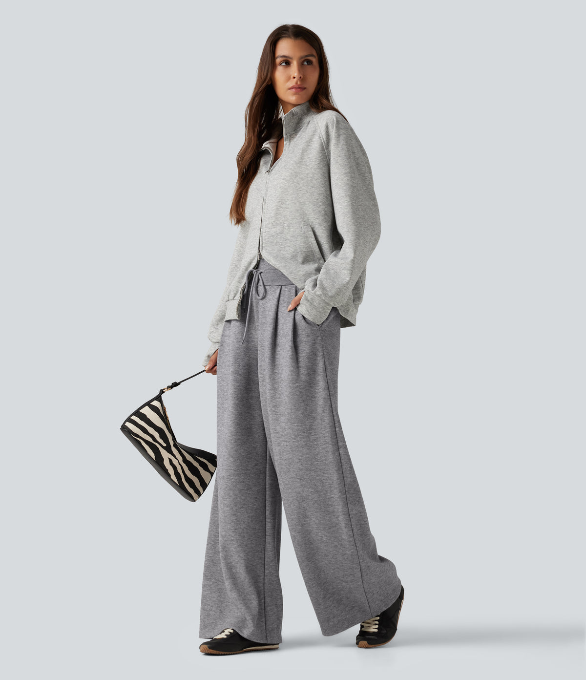 High Waisted Drawstring Wide Leg Casual Trousers with Pockets — Fog Gray — view 6