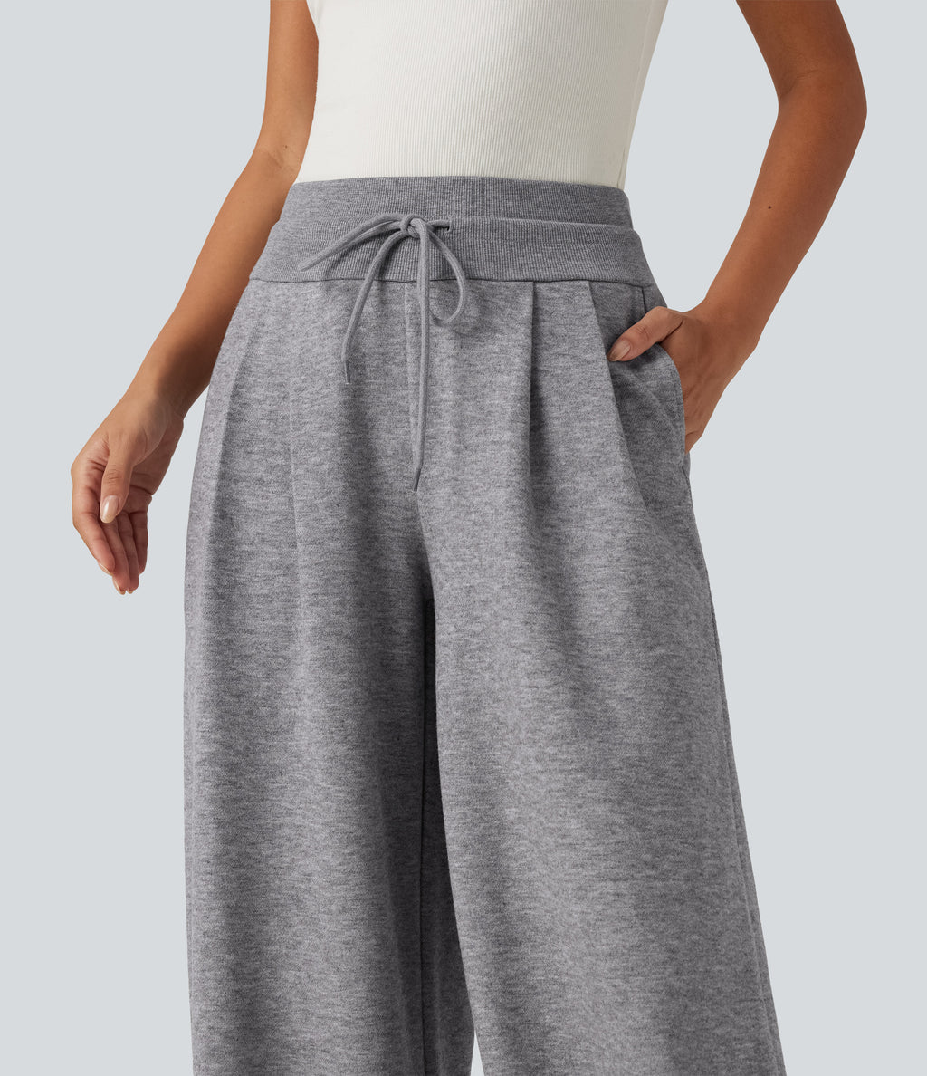 High Waisted Drawstring Wide Leg Casual Trousers with Pockets — Fog Gray — view 4