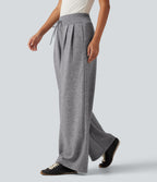 High Waisted Drawstring Wide Leg Casual Trousers with Pockets — Fog Gray — view 3
