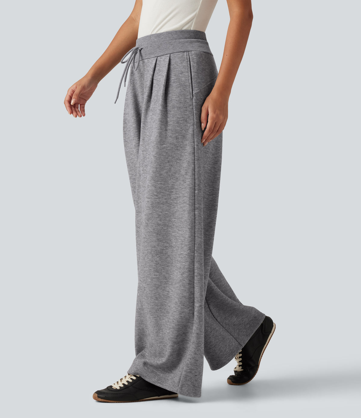 High Waisted Drawstring Wide Leg Casual Trousers with Pockets — Fog Gray — view 3