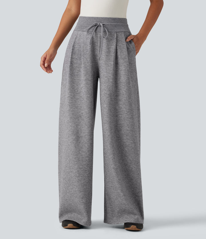 High Waisted Drawstring Wide Leg Casual Trousers with Pockets — Fog Gray — view 1