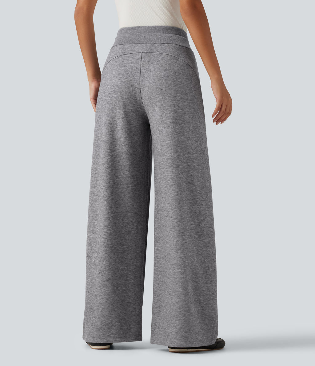 High Waisted Drawstring Wide Leg Casual Trousers with Pockets — Fog Gray — view 2