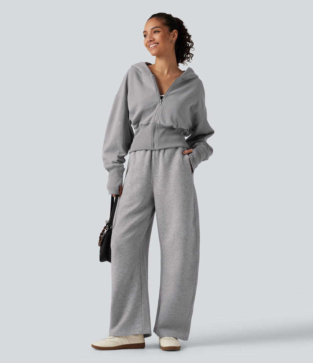 Mid Rise Barrel Leg Fleece Casual Cotton Sweatpants with Pockets — Dolphin — view 8