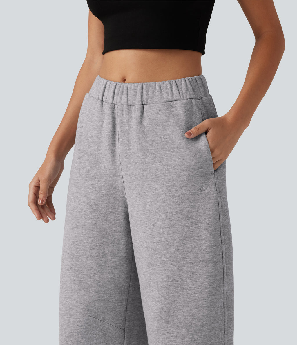 Mid Rise Barrel Leg Fleece Casual Cotton Sweatpants with Pockets — Dolphin — view 5