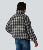 Stand Collar Long Sleeve Plaid Casual Padded Jacket with Pockets — Shadow Lattice — view 2