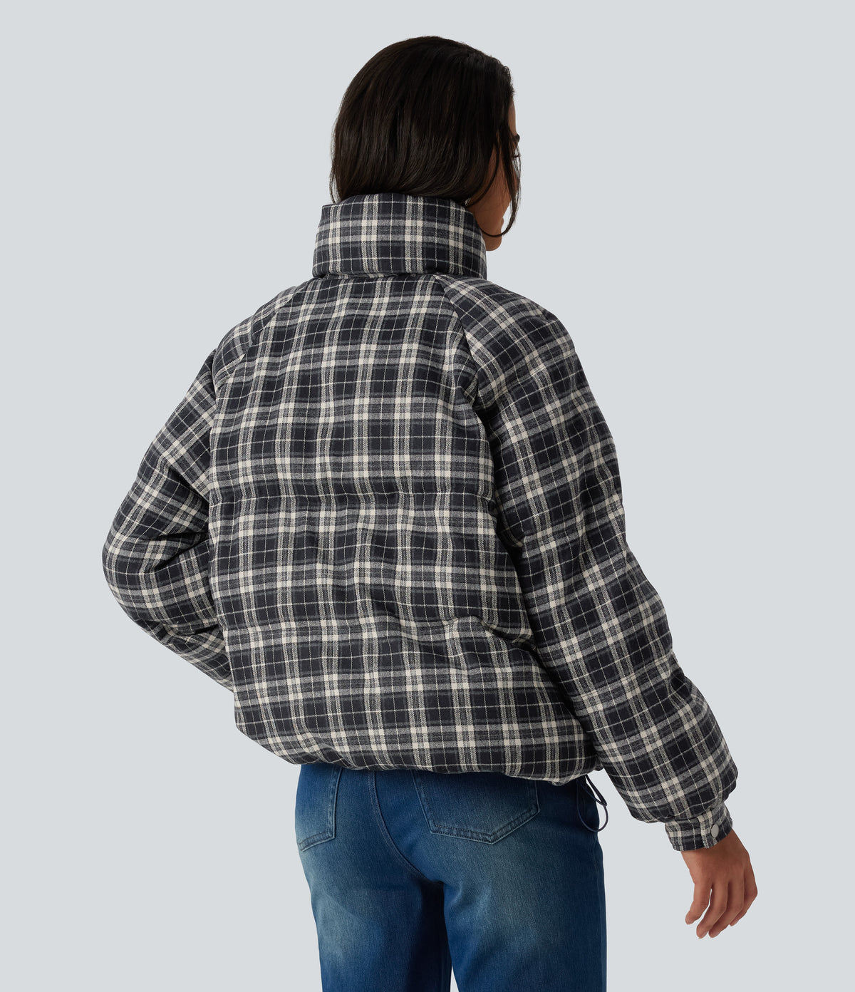Stand Collar Long Sleeve Plaid Casual Padded Jacket with Pockets — Shadow Lattice — view 2