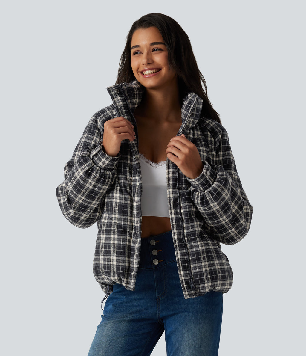 Stand Collar Long Sleeve Plaid Casual Padded Jacket with Pockets — Shadow Lattice — view 5