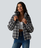 Stand Collar Long Sleeve Plaid Casual Padded Jacket with Pockets — Shadow Lattice — view 5