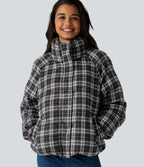 Stand Collar Long Sleeve Plaid Casual Padded Jacket with Pockets — Shadow Lattice — view 1