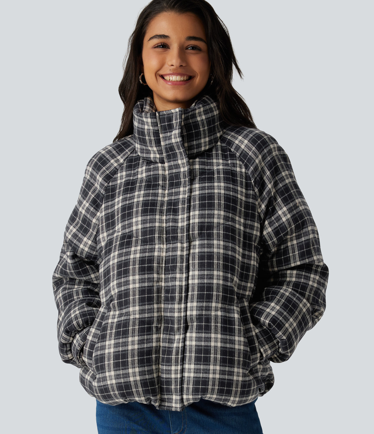 Stand Collar Long Sleeve Plaid Casual Padded Jacket with Pockets — Shadow Lattice — view 1