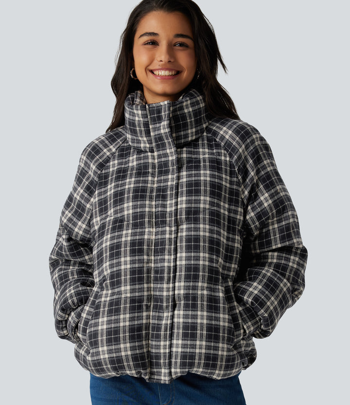 Stand Collar Long Sleeve Plaid Casual Padded Jacket with Pockets — Shadow Lattice — view 1