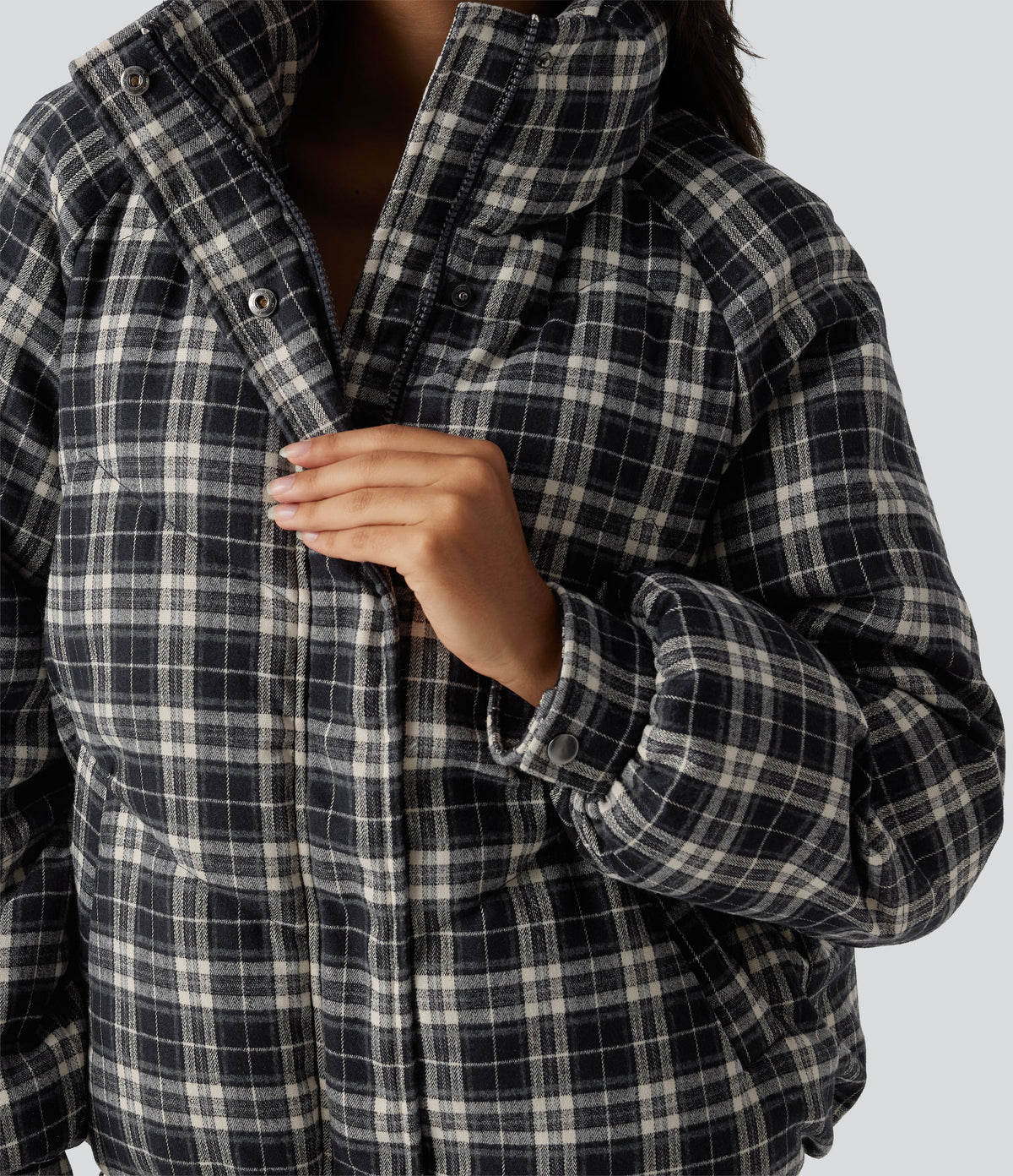 Stand Collar Long Sleeve Plaid Casual Padded Jacket with Pockets — Shadow Lattice — view 6