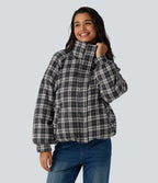 Stand Collar Long Sleeve Plaid Casual Padded Jacket with Pockets — Shadow Lattice — view 4