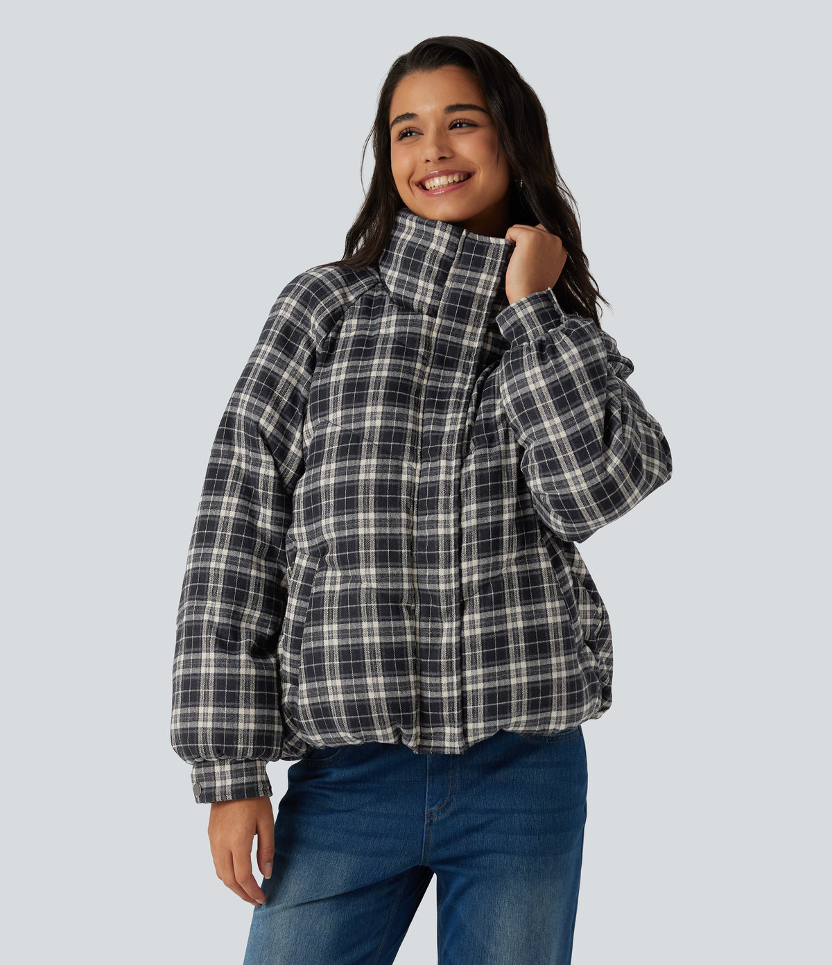 Stand Collar Long Sleeve Plaid Casual Padded Jacket with Pockets — Shadow Lattice — view 4
