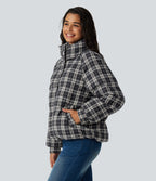 Stand Collar Long Sleeve Plaid Casual Padded Jacket with Pockets — Shadow Lattice — view 3