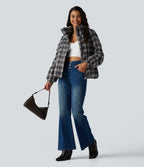 Stand Collar Long Sleeve Plaid Casual Padded Jacket with Pockets — Shadow Lattice — view 8