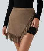 High Waisted A Line 2-in-1 Fringe Hem Asymmetric Mini Suede Party Skirt — Coca Mocha — view 4