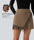 High Waisted A Line 2-in-1 Fringe Hem Asymmetric Mini Suede Party Skirt — Coca Mocha — view 1
