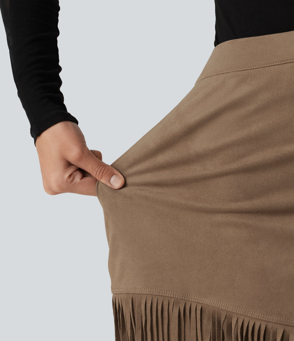 High Waisted A Line 2-in-1 Fringe Hem Asymmetric Mini Suede Party Skirt — Coca Mocha — view 7