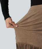 High Waisted A Line 2-in-1 Fringe Hem Asymmetric Mini Suede Party Skirt — Coca Mocha — view 7