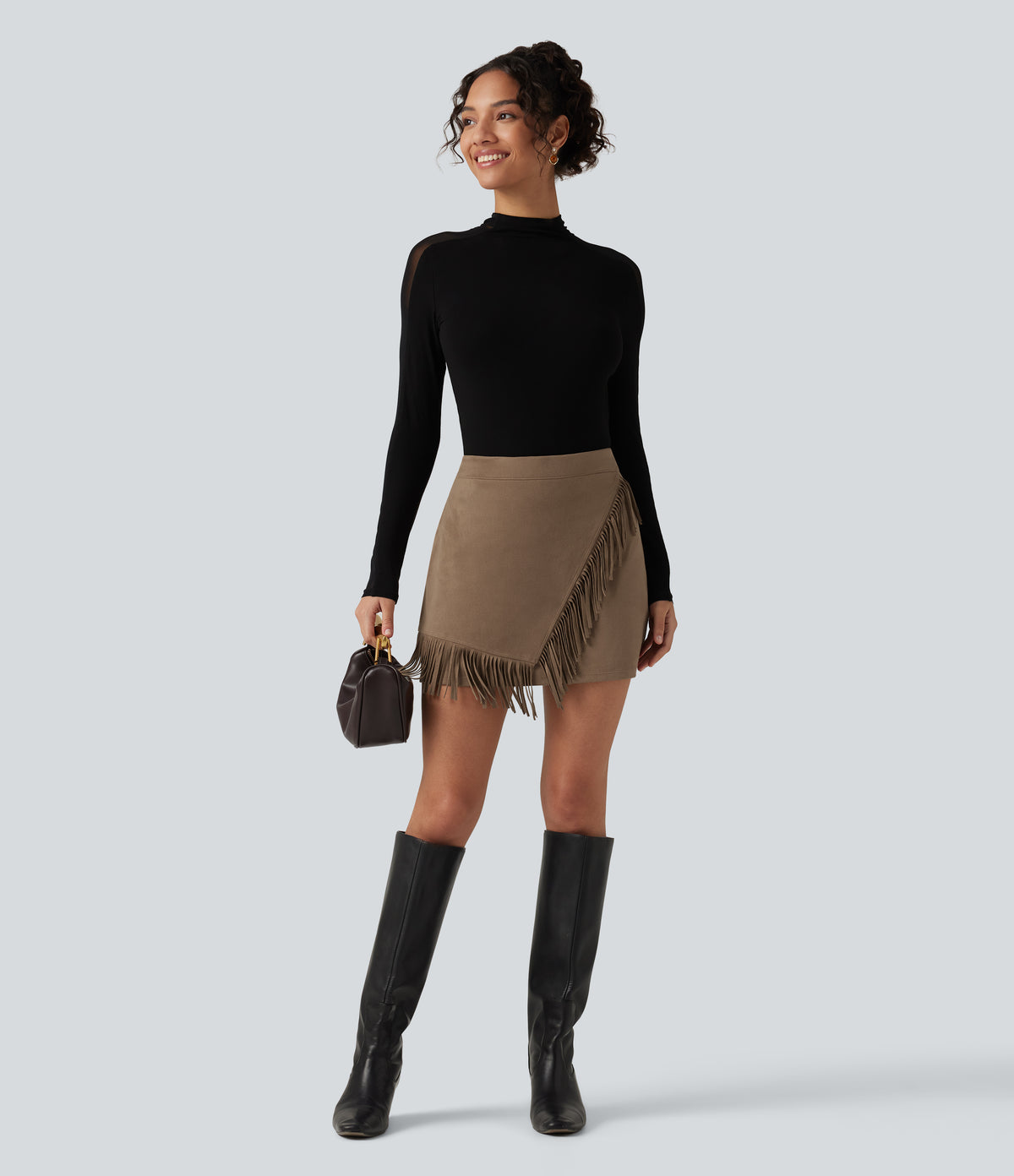 High Waisted A Line 2-in-1 Fringe Hem Asymmetric Mini Suede Party Skirt — Coca Mocha — view 8
