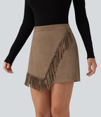 High Waisted A Line 2-in-1 Fringe Hem Asymmetric Mini Suede Party Skirt — Coca Mocha — view 6