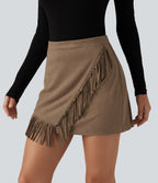 High Waisted A Line 2-in-1 Fringe Hem Asymmetric Mini Suede Party Skirt — Coca Mocha — view 3